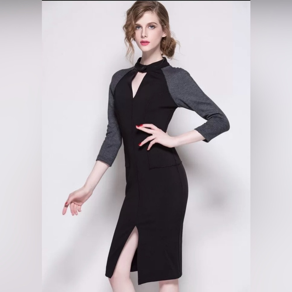Miusol Black and Gray Midi Sheath Stretch Dress with Mock Neck sz2XL